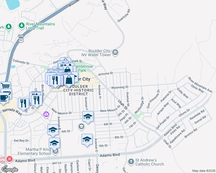 map of restaurants, bars, coffee shops, grocery stores, and more near 537 Avenue I in Boulder City