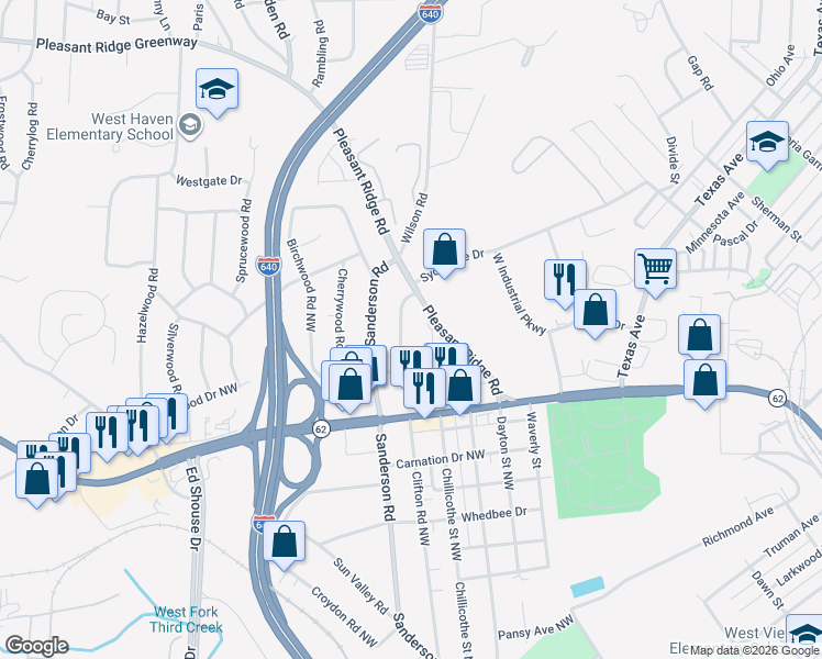map of restaurants, bars, coffee shops, grocery stores, and more near 3717 Orangewood Road Northwest in Knoxville