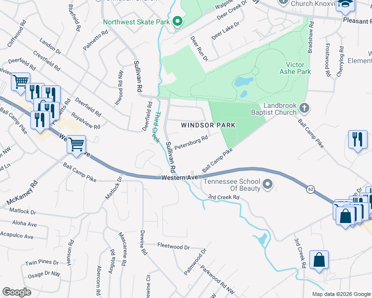 map of restaurants, bars, coffee shops, grocery stores, and more near 4916 Petersburg Road in Knoxville