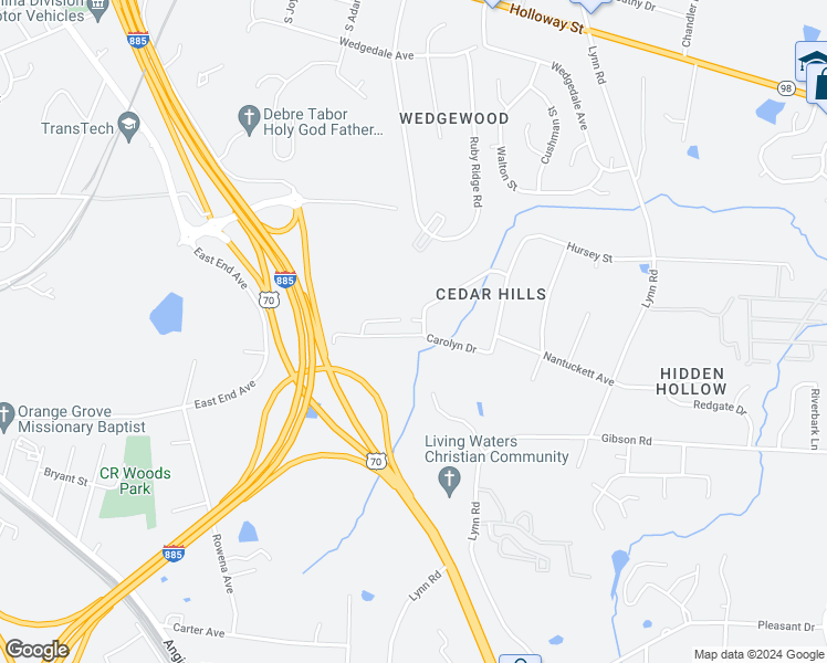 map of restaurants, bars, coffee shops, grocery stores, and more near 2952 Carolyn Drive in Durham