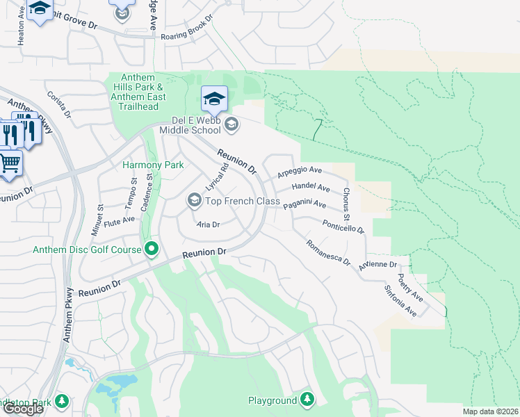 map of restaurants, bars, coffee shops, grocery stores, and more near 2250 Tedesca Drive in Henderson
