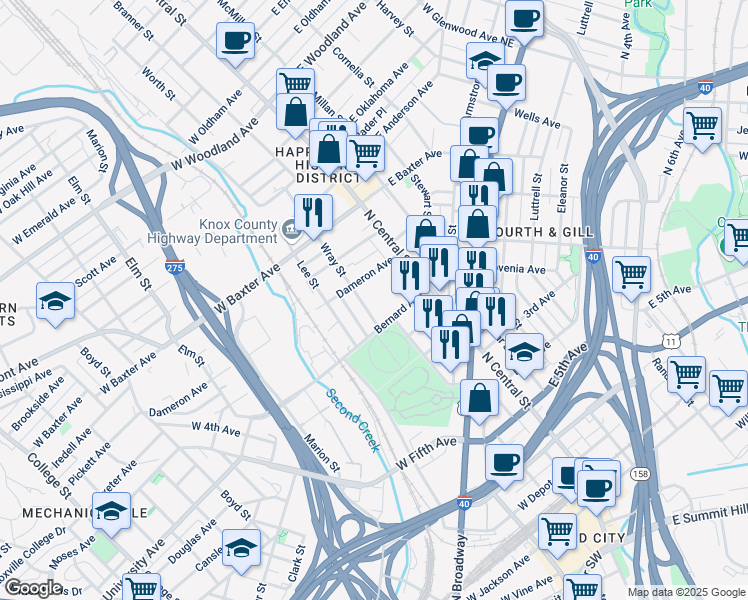 map of restaurants, bars, coffee shops, grocery stores, and more near 970 Wray Street in Knoxville