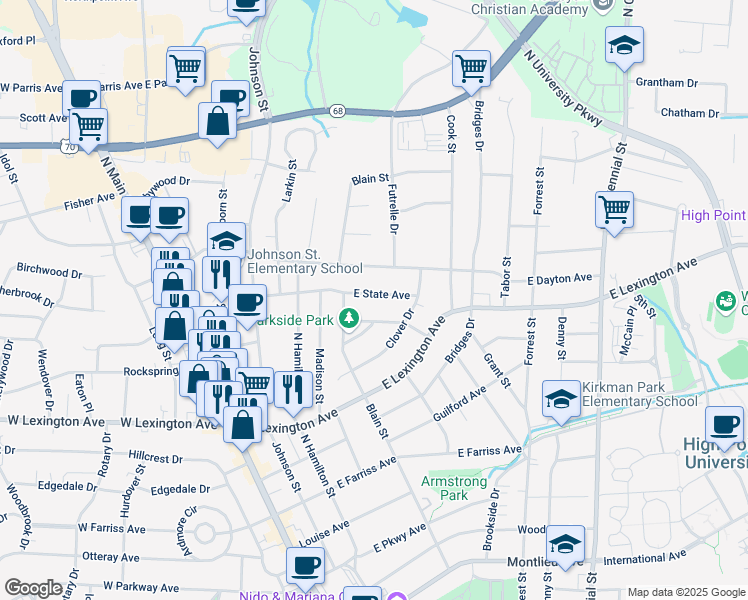map of restaurants, bars, coffee shops, grocery stores, and more near 610 East State Avenue in High Point
