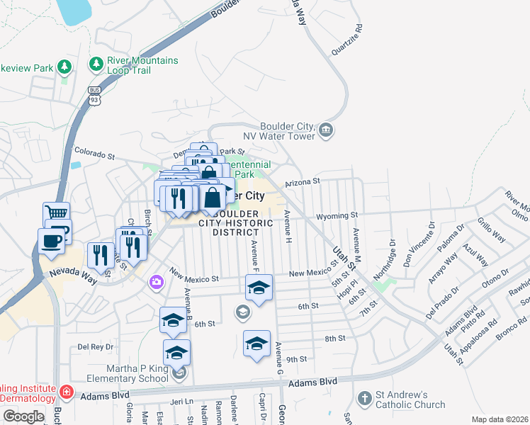 map of restaurants, bars, coffee shops, grocery stores, and more near 550 Avenue G in Boulder City