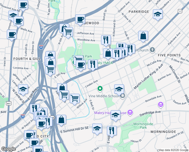 map of restaurants, bars, coffee shops, grocery stores, and more near 1501 East Magnolia Avenue in Knoxville