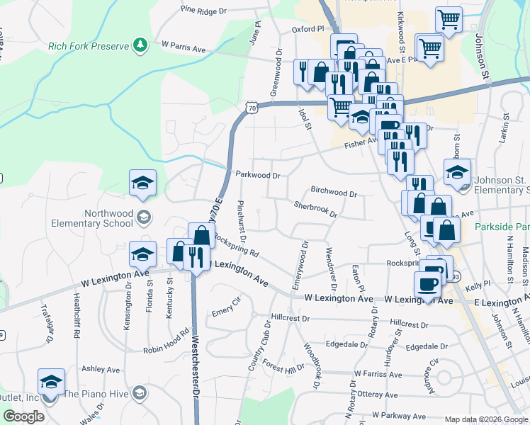 map of restaurants, bars, coffee shops, grocery stores, and more near 1506 Overbrook Court in High Point