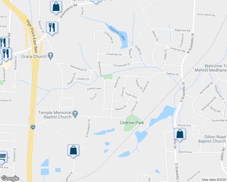 map of restaurants, bars, coffee shops, grocery stores, and more near 608 Runyon Drive in High Point