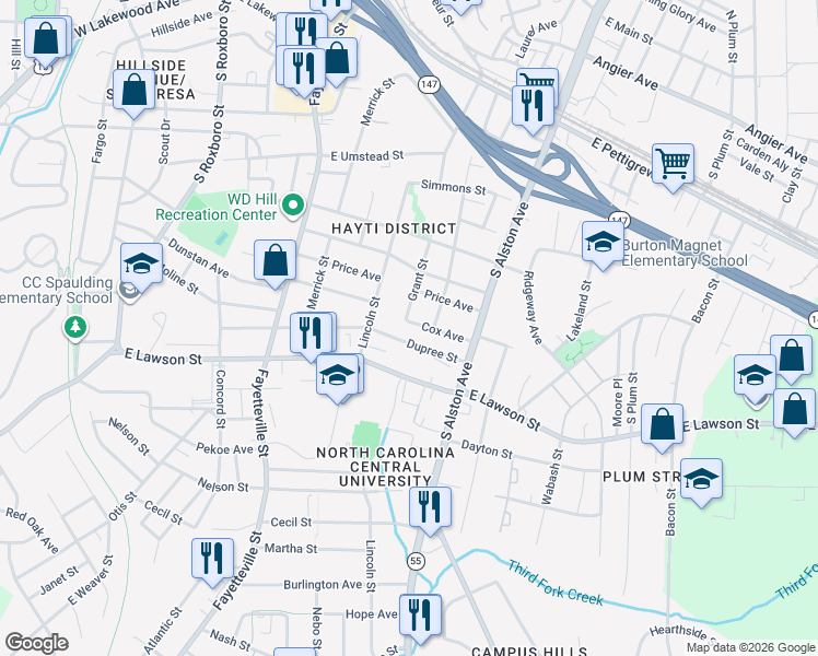 map of restaurants, bars, coffee shops, grocery stores, and more near 800 Cox Avenue in Durham