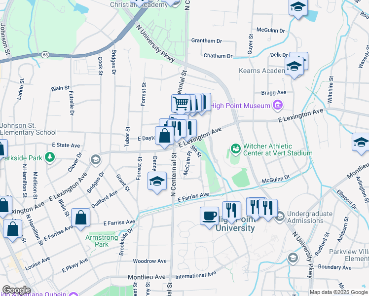 map of restaurants, bars, coffee shops, grocery stores, and more near 1122 East Lexington Avenue in High Point