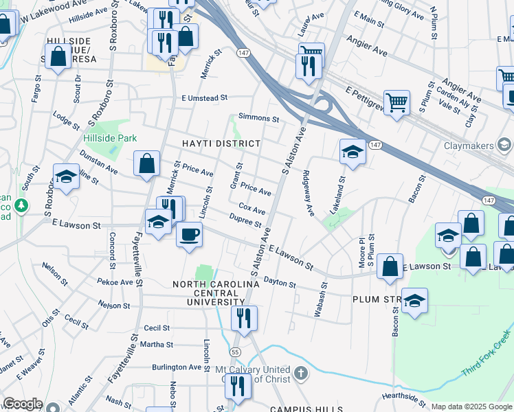 map of restaurants, bars, coffee shops, grocery stores, and more near 907 Cox Avenue in Durham