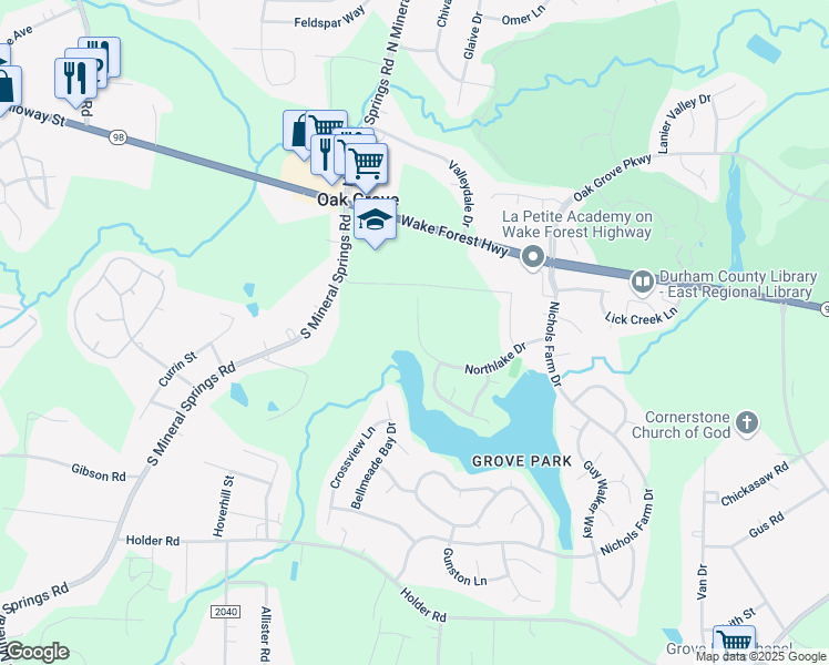 map of restaurants, bars, coffee shops, grocery stores, and more near 3822 Northlake Drive in Durham