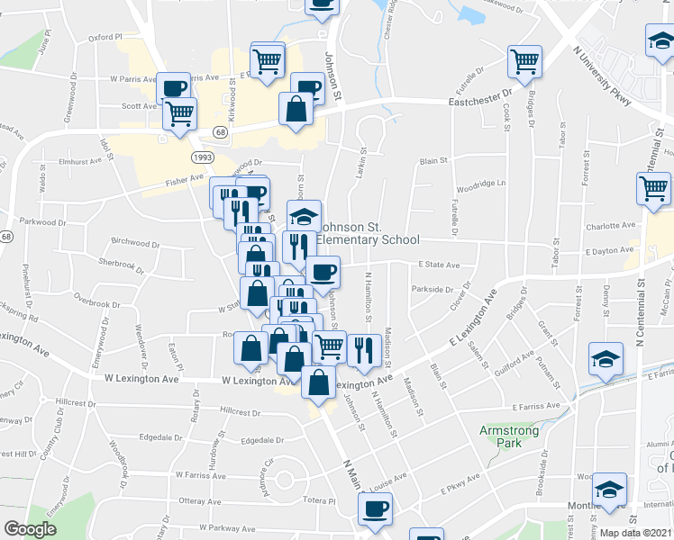map of restaurants, bars, coffee shops, grocery stores, and more near 1520 Johnson Street in High Point
