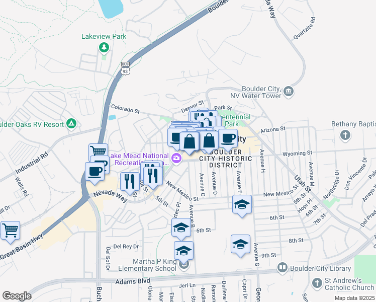 map of restaurants, bars, coffee shops, grocery stores, and more near 533 Ave B in Boulder City