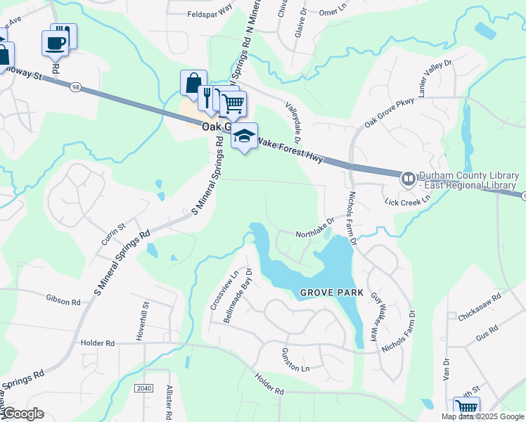map of restaurants, bars, coffee shops, grocery stores, and more near 3822 Northlake Drive in Durham