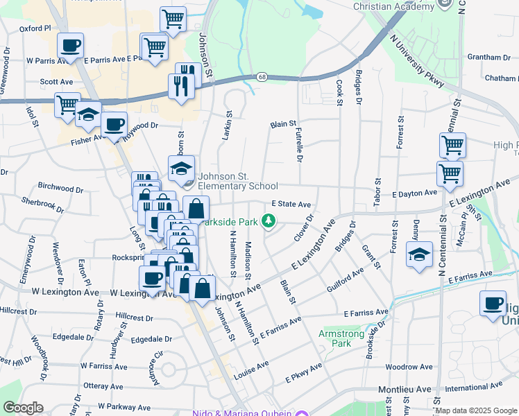 map of restaurants, bars, coffee shops, grocery stores, and more near 506 E State Ave in High Point