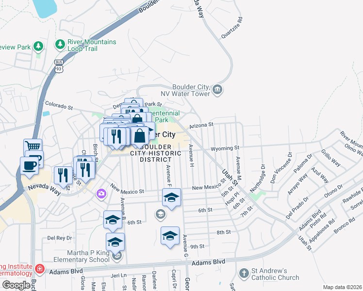 map of restaurants, bars, coffee shops, grocery stores, and more near 550 Avenue G in Boulder City