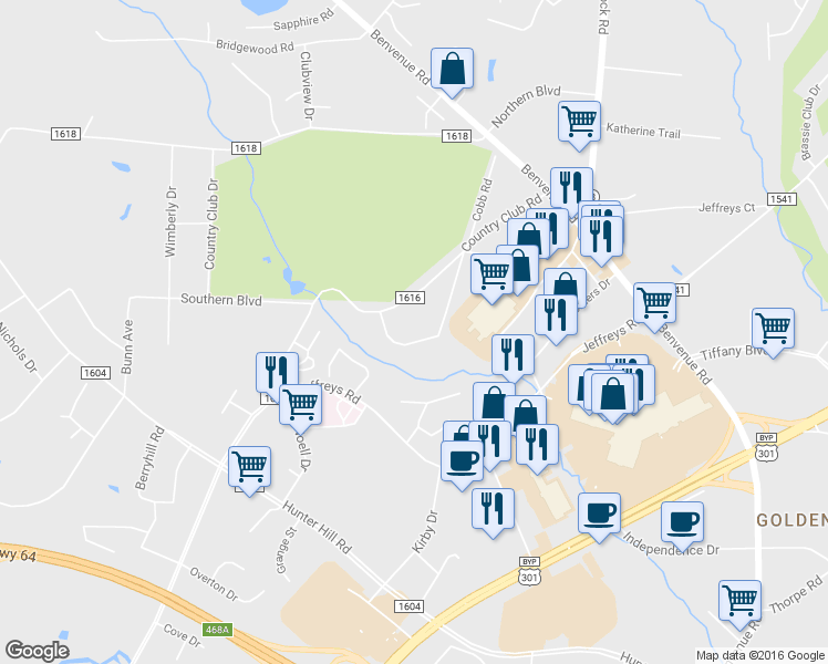 map of restaurants, bars, coffee shops, grocery stores, and more near 106 Whispering Pines Drive in Rocky Mount