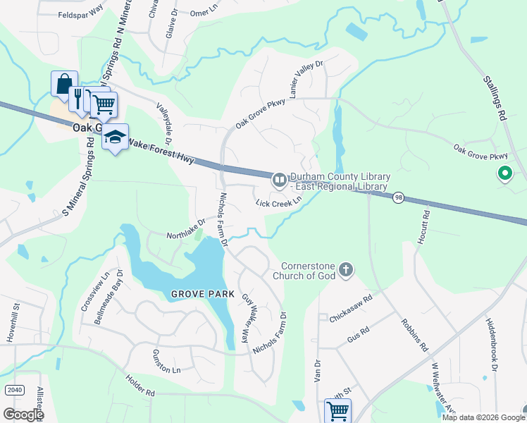 map of restaurants, bars, coffee shops, grocery stores, and more near 206 Lick Creek Lane in Durham