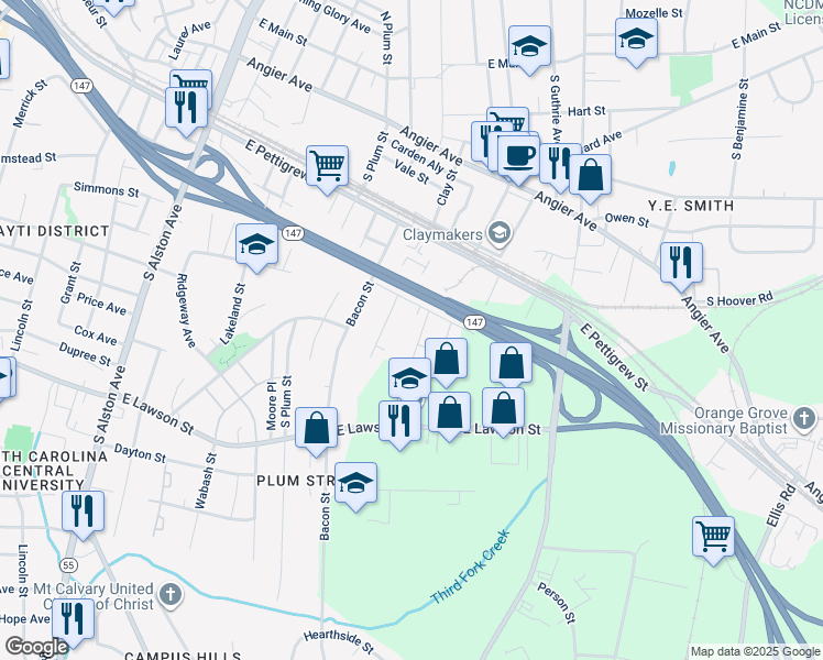 map of restaurants, bars, coffee shops, grocery stores, and more near 611 Troy Street in Durham