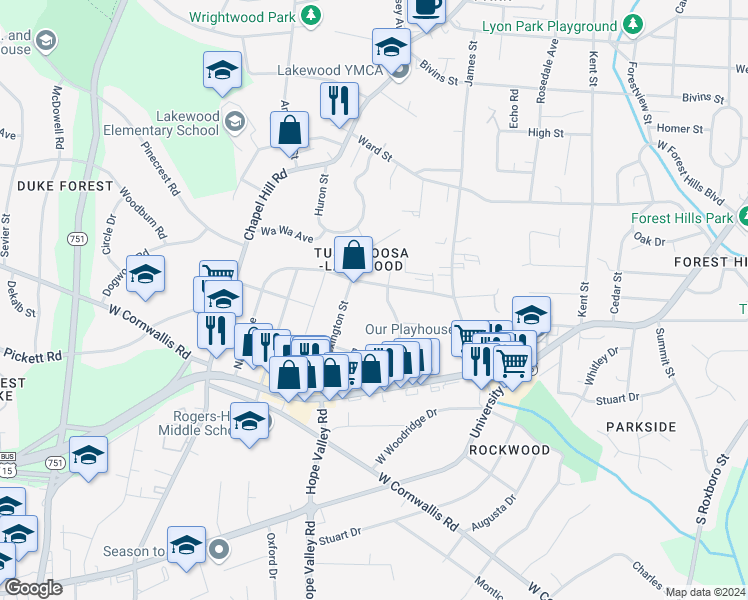 map of restaurants, bars, coffee shops, grocery stores, and more near 2309 Nation Avenue in Durham