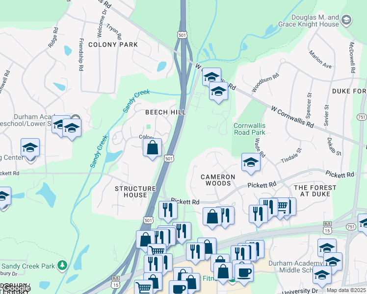 map of restaurants, bars, coffee shops, grocery stores, and more near 2717 Western Bypass in Durham