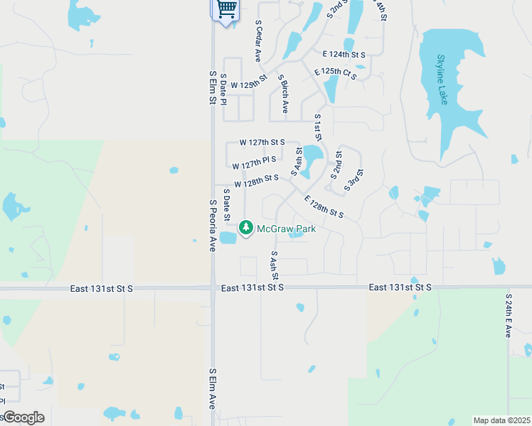 map of restaurants, bars, coffee shops, grocery stores, and more near 12818 South Birch Street in Jenks