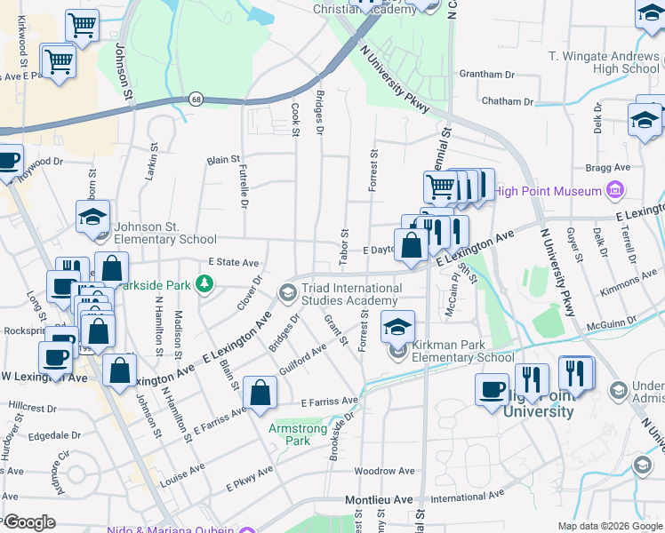 map of restaurants, bars, coffee shops, grocery stores, and more near 906 Tabor Street in High Point