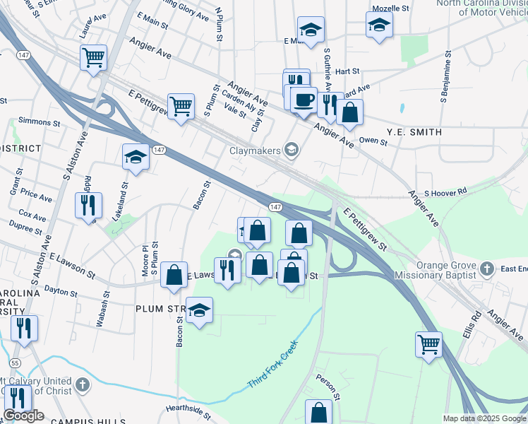 map of restaurants, bars, coffee shops, grocery stores, and more near 609 Reservoir Street in Durham
