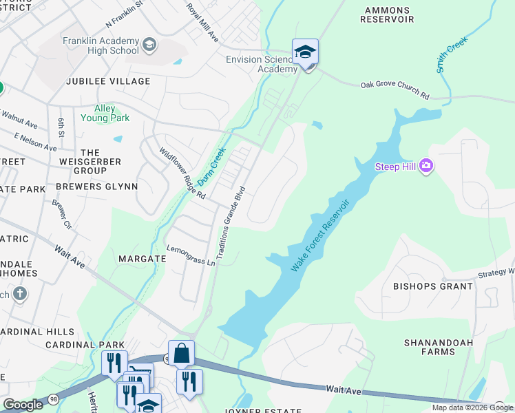 map of restaurants, bars, coffee shops, grocery stores, and more near 1305 Reservoir Lane in Wake Forest