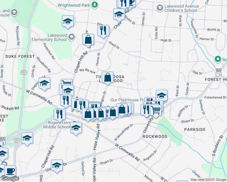 map of restaurants, bars, coffee shops, grocery stores, and more near 2309 Nation Avenue in Durham