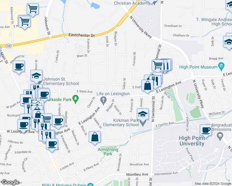 map of restaurants, bars, coffee shops, grocery stores, and more near 803 East Lexington Avenue in High Point