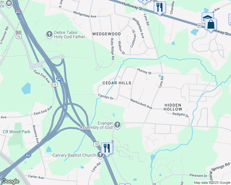 map of restaurants, bars, coffee shops, grocery stores, and more near 722 Sybil Drive in Durham