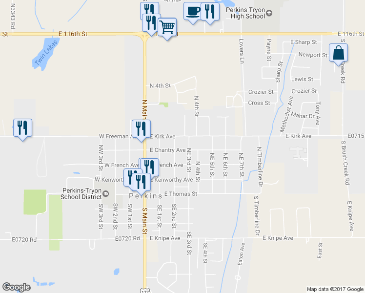 map of restaurants, bars, coffee shops, grocery stores, and more near 309 East Chantry Avenue in Perkins