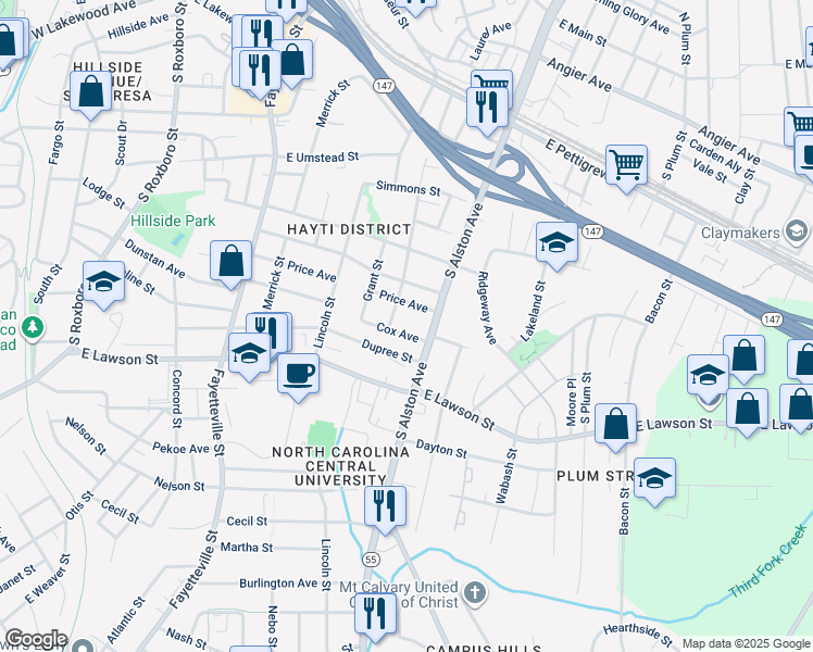map of restaurants, bars, coffee shops, grocery stores, and more near 907 Cox Avenue in Durham
