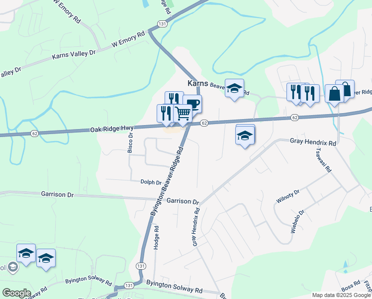 map of restaurants, bars, coffee shops, grocery stores, and more near 3222 Byington Beaver Ridge Road in Knoxville