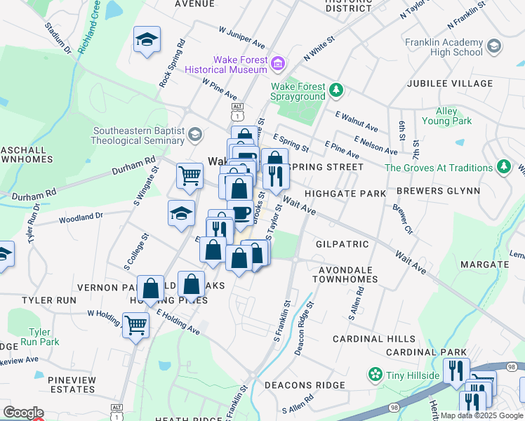 map of restaurants, bars, coffee shops, grocery stores, and more near 203 Brooks Street in Wake Forest