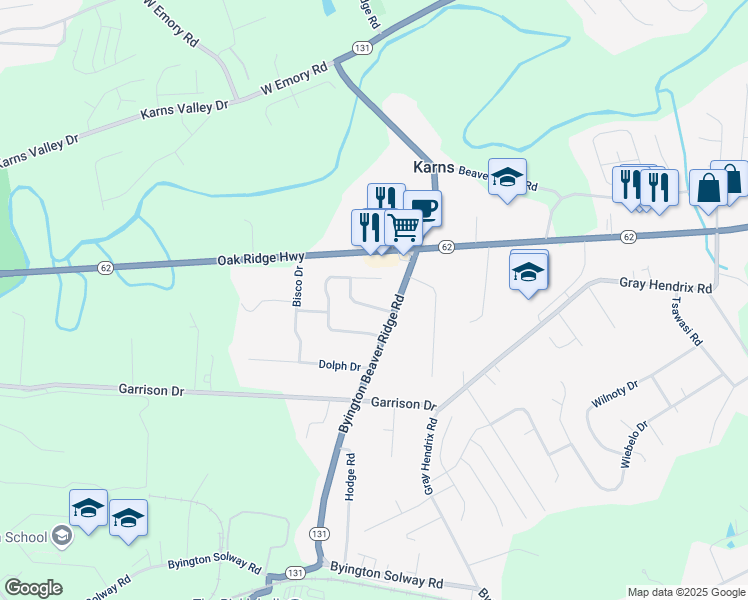 map of restaurants, bars, coffee shops, grocery stores, and more near 8609 Royal Oaks Drive in Knoxville