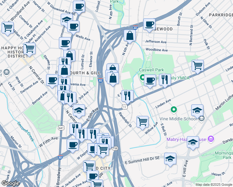 map of restaurants, bars, coffee shops, grocery stores, and more near 801 East 5th Avenue in Knoxville