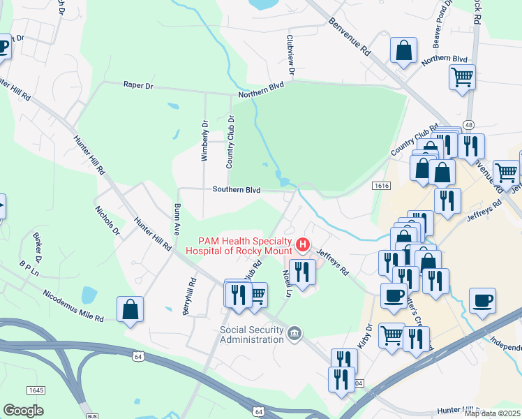 map of restaurants, bars, coffee shops, grocery stores, and more near 1180 Country Club Road in Rocky Mount