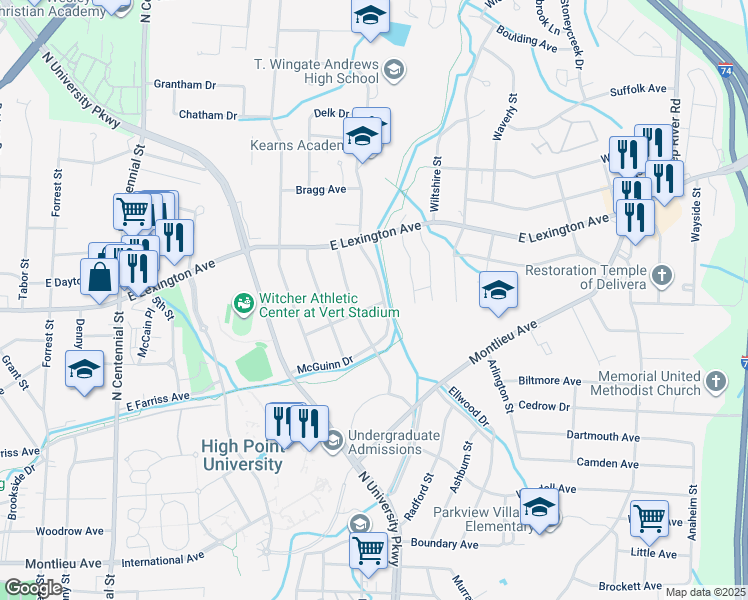 map of restaurants, bars, coffee shops, grocery stores, and more near 1501 McGuinn Drive in High Point