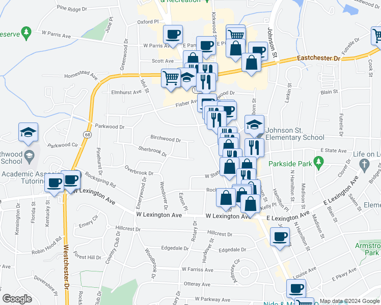 map of restaurants, bars, coffee shops, grocery stores, and more near 1602 Laurel Lane in High Point