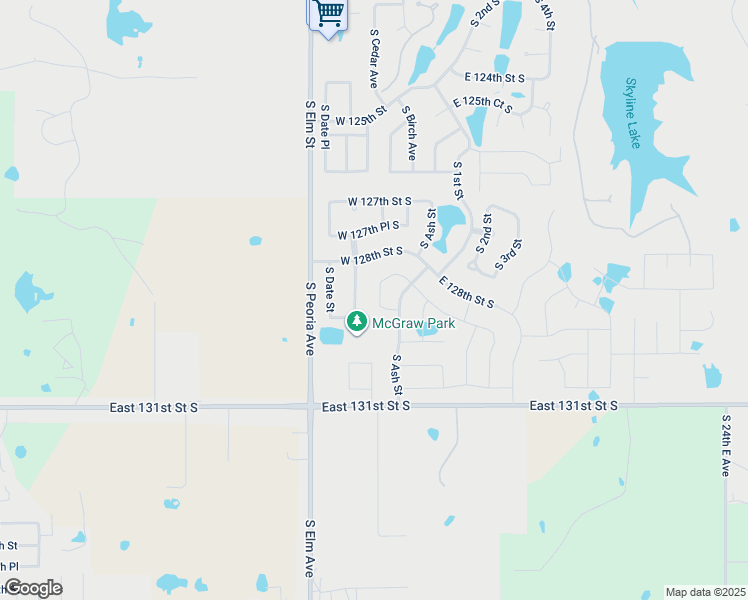map of restaurants, bars, coffee shops, grocery stores, and more near 12818 South Birch Street in Jenks
