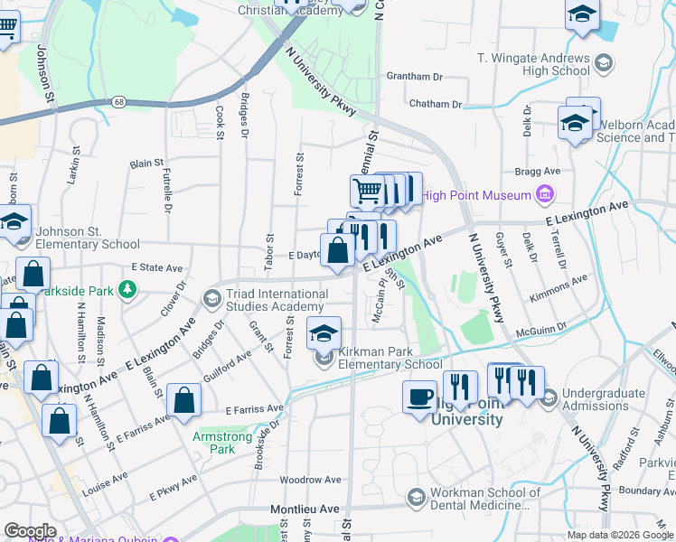 map of restaurants, bars, coffee shops, grocery stores, and more near 1007 East Lexington Avenue in High Point