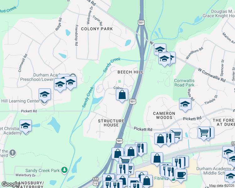 map of restaurants, bars, coffee shops, grocery stores, and more near 7 Whitburn Place in Durham
