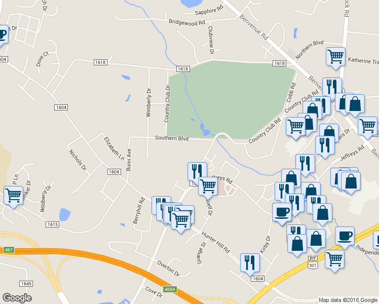 map of restaurants, bars, coffee shops, grocery stores, and more near 1180 Country Club Road in Rocky Mount