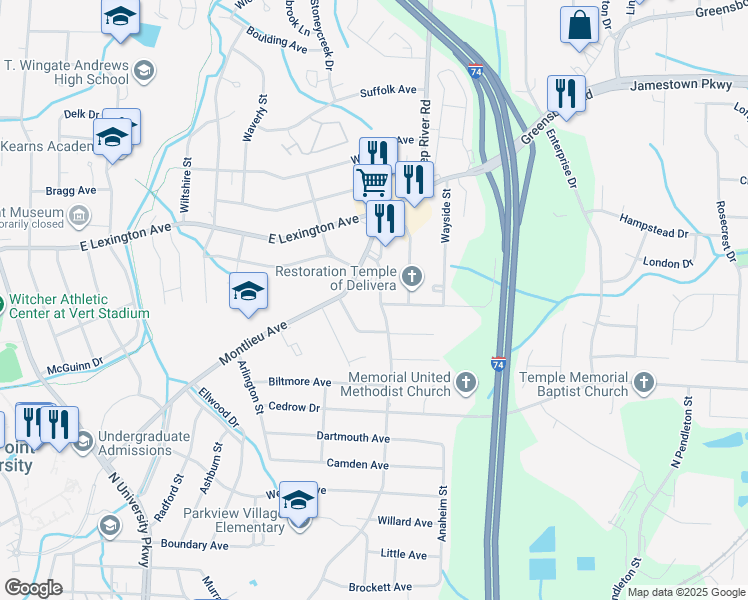 map of restaurants, bars, coffee shops, grocery stores, and more near 1101 Gordon Street in High Point