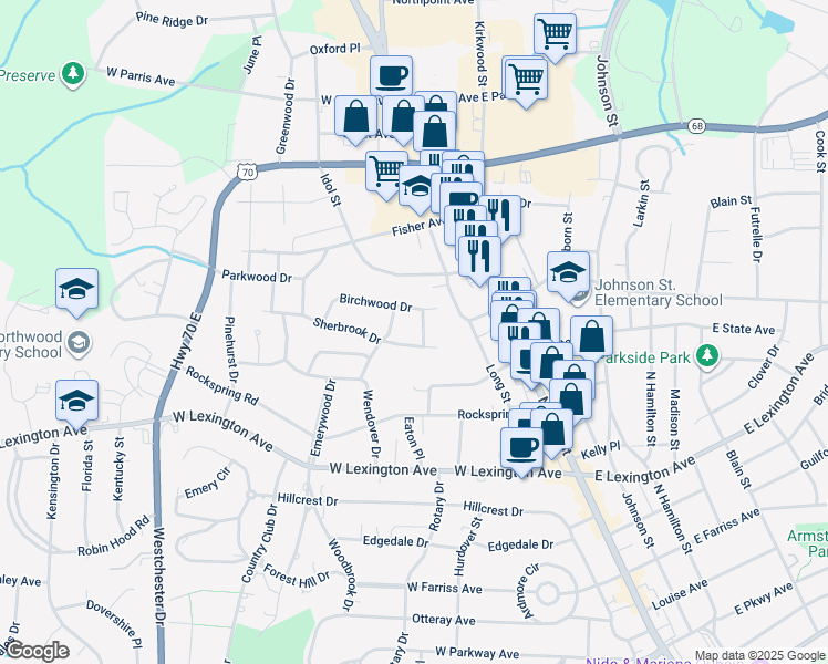 map of restaurants, bars, coffee shops, grocery stores, and more near 1603 Laurel Lane in High Point