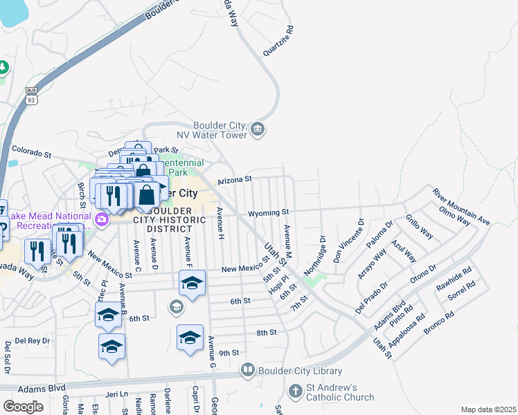 map of restaurants, bars, coffee shops, grocery stores, and more near 533 Avenue K in Boulder City