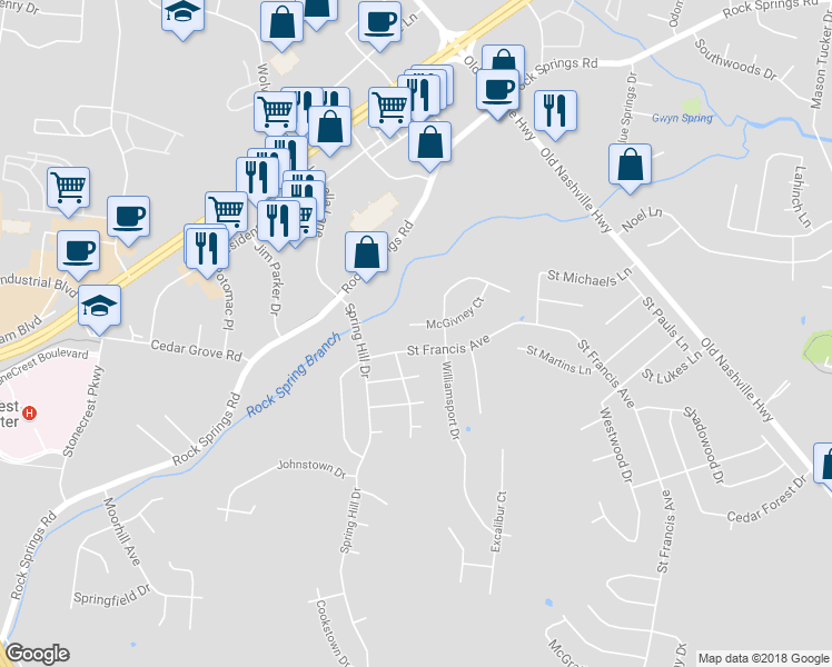 map of restaurants, bars, coffee shops, grocery stores, and more near 705 McGivney Court in Smyrna
