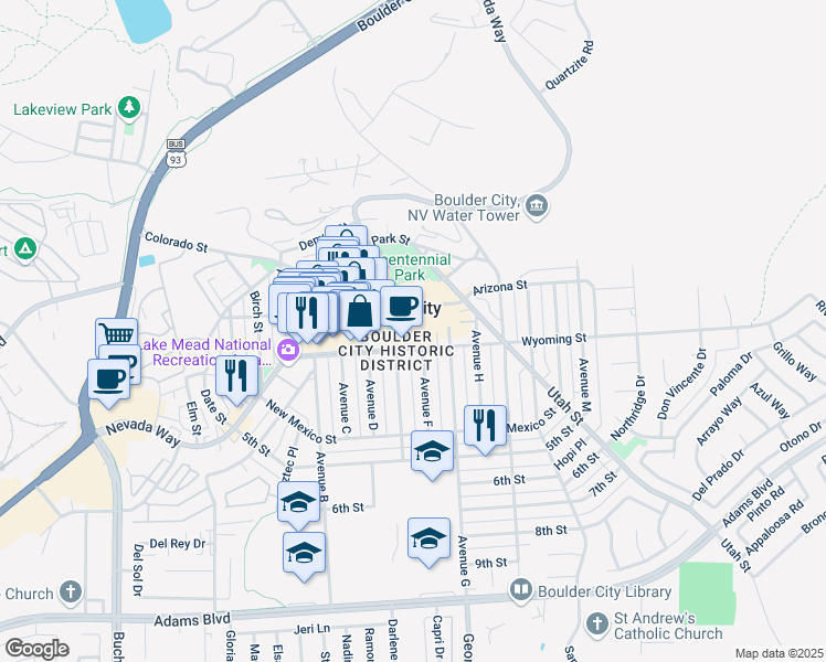 map of restaurants, bars, coffee shops, grocery stores, and more near in Boulder City